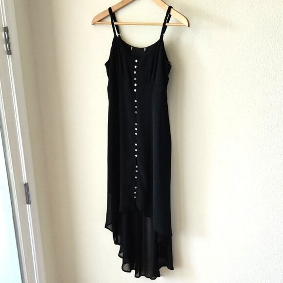 Black Slip Dress Camisole Straps High Low Hem silver tone buttons Pleated Waist - Picture 1 of 16